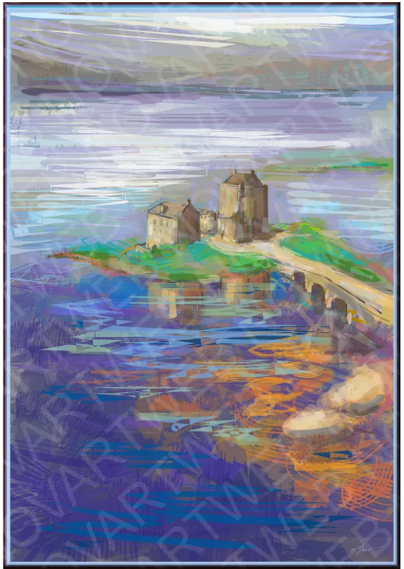  'EILEAN DONAN'. Esta obra capta la esencia de un lugar emblemático, donde el castillo se ve abrazado por la serenidad. Situado entre los lagos Duich y Alsh, el juego de colores en el agua transmite una calma única, llevándote a un rincón especial donde la historia y la naturaleza convergen en armonía.