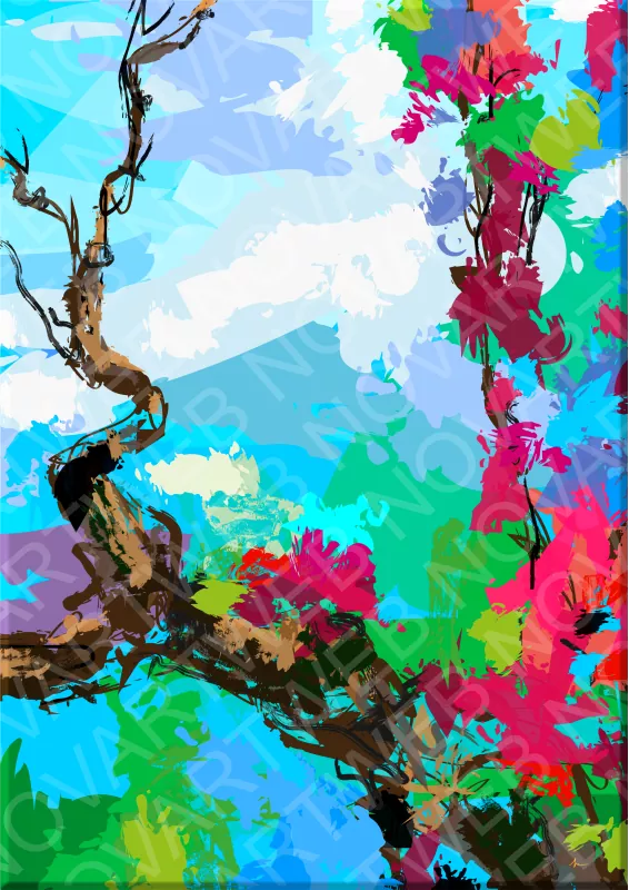 "EL ARTE DE LA TIERRA" visualiza una cepa de vid después de la vendimia. Se aprecian las formas retorcidas del tronco y la disposición de las ramas. Las hojas restantes están pintadas con pinceladas de color rojo, rosa y morado. El fondo muestra un paisaje verde y azul bajo un cielo claro.