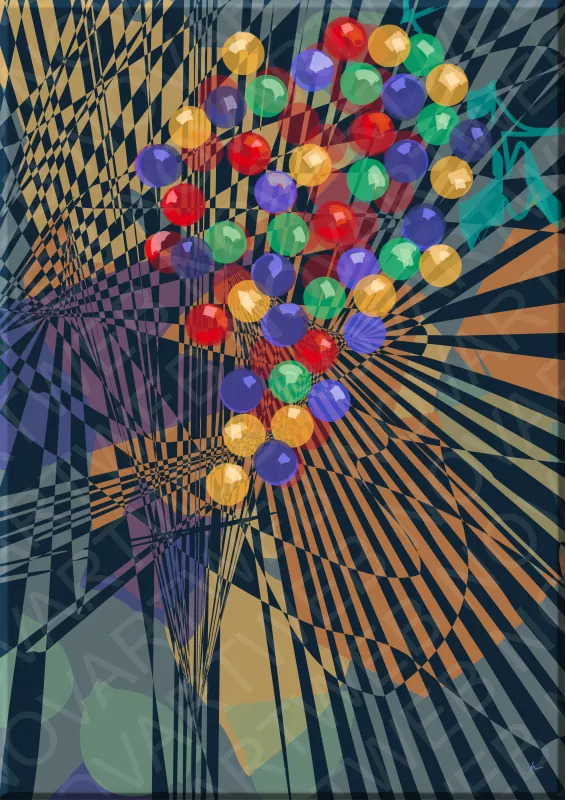 "EL JUEGO DE LAS UVAS" presenta una composición caleidoscópica que contrasta figuras geométricas con un fondo caótico. La obra refleja la tensión entre la tradición y la modernidad en la fermentación del vino.