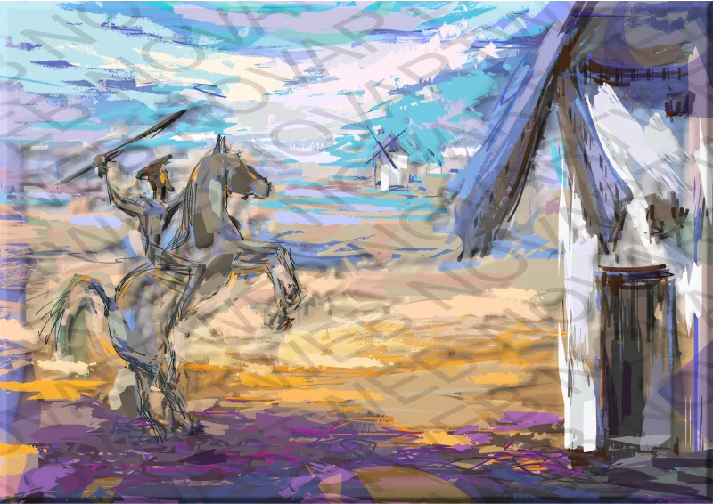 Peinture représentant Don Quichotte affrontant le géant avec détermination et courage. L'image montre du mouvement et de la tension, capturant une bataille passionnante. Espagne.