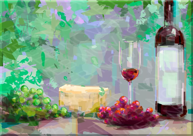 "EMOTIVO ENCUENTRO": Bodegón con uvas, queso, vino y copa en una composición serena con tonos verdes, morados y rojizos sobre fondo abstracto, exaltando el placer del paladar y la conexión con la naturaleza.