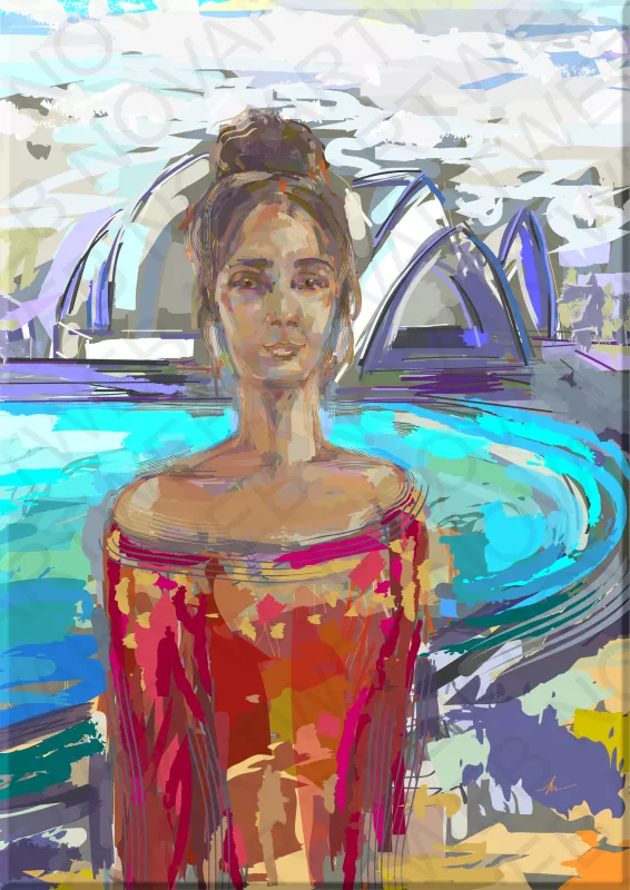 "ENCANTO" presenta un escenario singular donde la arquitectura se entrelaza con una visión profundamente personal. En el centro de la composición, una figura femenina dirige su mirada hacia el espectador, cargada de ilusión y emoción por su experiencia vivida en Australia.