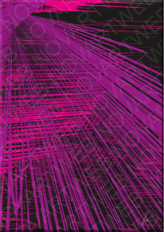 "MEETING TRAJECTORIES" represents a meeting between strength and subtlety. In this composition, purple radiates femininity while fuchsia brings a passionate energy. The minimalist design highlights the depth and displacement of the trajectories, creating a contrast with the black background.
