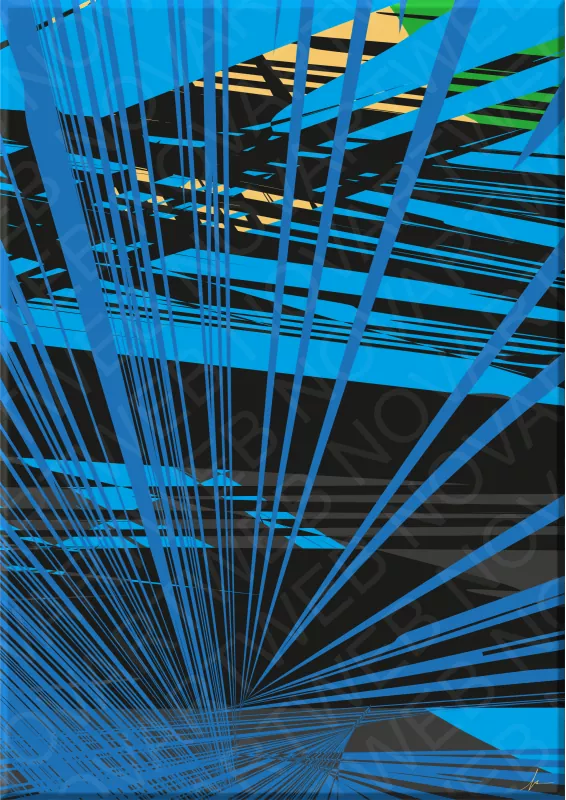 "INFINITE FOCUS": An abstract work that invites you to a fascinating visual journey. Delicate trajectories of moving lines unfold their elegance towards infinity in captivating shades of blue. The intertwined and crisscrossing lines create a sense of fluidity and constant movement.