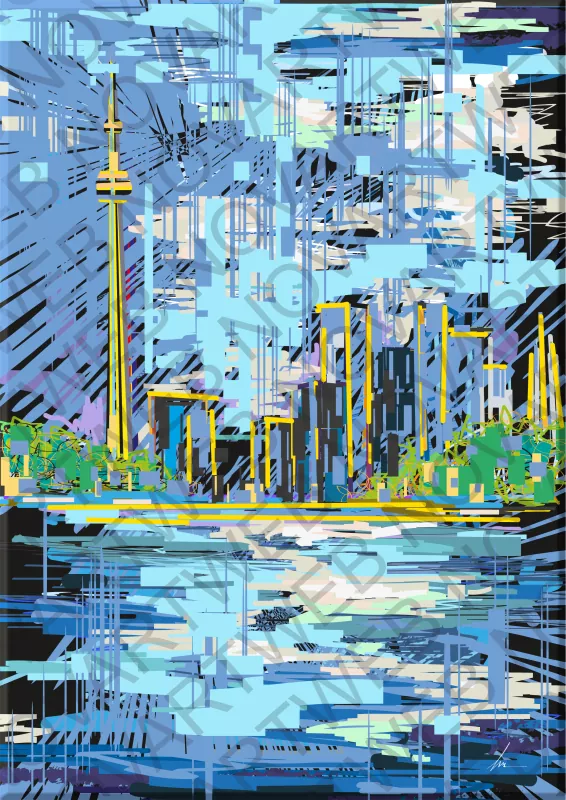 "PARTICULAR FOCUS" challenges perception by presenting us with the essence of the city and Lake Ontario, through minimalist abstraction. On the canvas of imagination, lines merge with diverse forms. The CN Tower, Canada, with its essential elegance, rises on the horizon; its contours become pure lines that capture its imposing presence.
