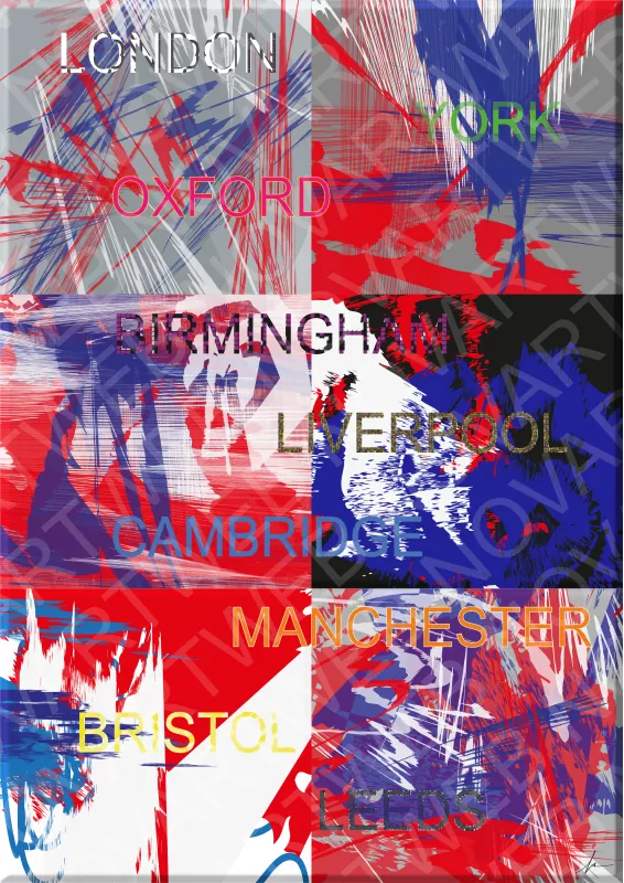 Obra de arte titulada 'ENGLISH CITIES (1)', que destaca el arte contemporáneo en Inglaterra y su rica historia de artistas que han tenido un impacto significativo en el mundo del arte. La pintura representa la diversidad de las ciudades y la dinámica del movimiento mediante el uso del color.
