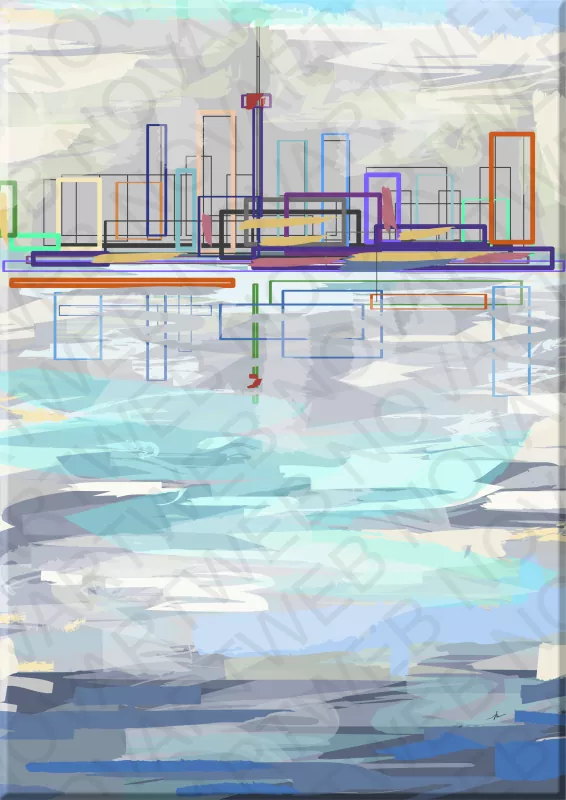 "MIRROR" presents geometric shapes related to different colors to construct a unique panoramic view of Toronto, Canada, highlighting the imposing CN Tower on its skyline. This minimalist creation, simple yet complex, offers a peculiar artistic vision of the metropolis.