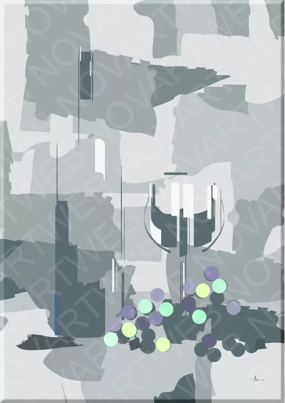 "EXALTACIÓN VINÍCOLA" ofrece una reinterpretación abstracta del vino, fusionando figuras geométricas con tonos suaves para destacar una copa y una botella en el centro. Racimos de uvas, representados en variados matices de verde y púrpura, se disponen de manera que generan una armonía entre lo natural y lo artístico, reflejando la conexión entre la tierra y la bebida.