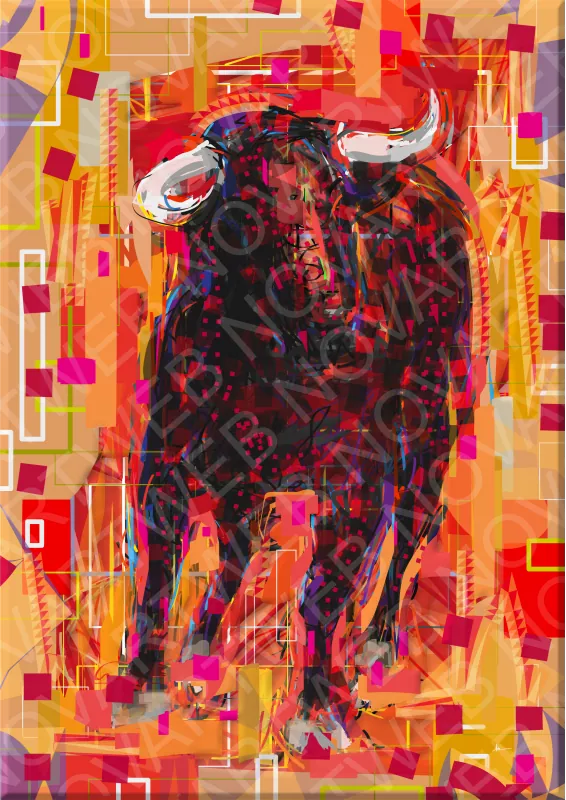 Peinture abstraite représentant un taureau enragé aux cornes imposantes. Son regard défiant et sa posture transmettent force et puissance dans une abstraction de différentes couleurs. Espagne.