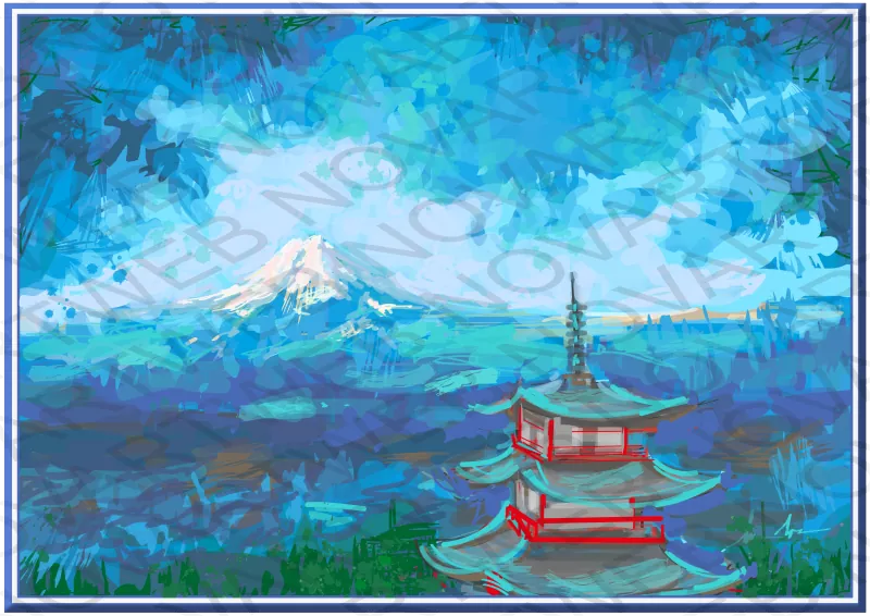 La majestuosidad del Monte «FUJI» se fusiona con la espiritualidad del templo en Japón. La composición invita a explorar la serenidad de la escena. Los trazos libres y expresivos en rojo, azul y turquesa perduran en la memoria y el corazón de quienes contemplan la imagen.
