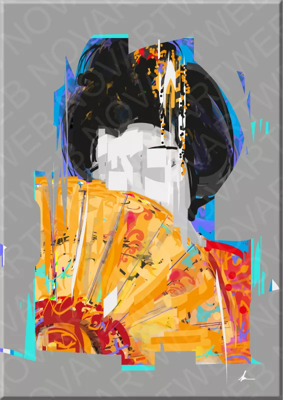 Capturando la esencia de la geisha en Japón. La obra transmite elegancia, belleza y sofisticación. La paleta de colores vibrantes y luminosos crea un equilibrio armonioso y una energía en constante evolución.