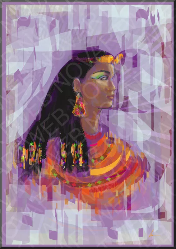 Obra titulada 'GLORIA DE SU PADRE'. Es un símbolo de modernidad y empoderamiento femenino en la antigua cultura de Egipto. La pintura transmite la fuerza de una poderosa líder que desafió las convenciones de su época. Nos invita a reflexionar sobre la importancia del liderazgo femenino y su impacto en la sociedad.