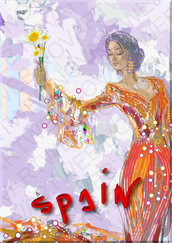 "GRACIA ESPAÑOLA" est une œuvre figurative qui porte l'essence de l'Espagne, en mettant en évidence le mot "Espagne", tandis qu'une femme andalouse contemporaine occupe le devant de la scène. Elle porte une élégante robe flamenco à traîne et présente gracieusement un bouquet de fleurs. Sa pose inspire l'élégance d'un torero, fusionnant les couleurs de l'œuvre avec un fond abstrait qui met en valeur sa féminité.