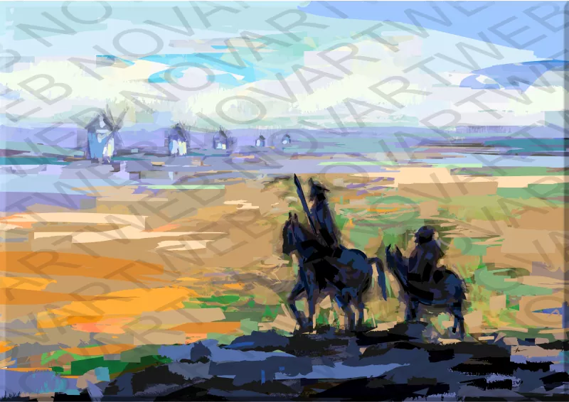 Silhouettes de Quichotte et de Sancho contemplant le paysage de La Mancha dans des tons de terre et de jaune, empreints de sérénité et de majesté. Espagne.