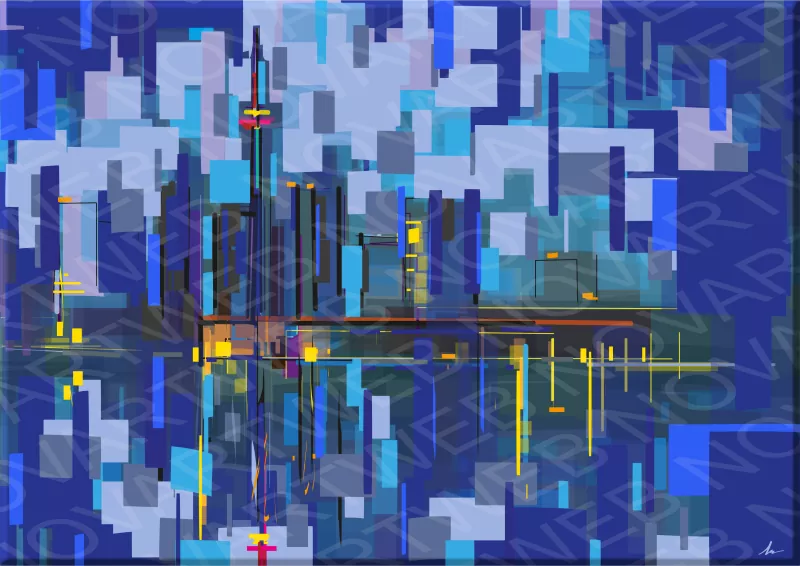 "INTERLACED HORIZONS" invites you to immerse yourself in a dynamic Canadian city through an abstract scene. The iconic CN Tower rises in this digital painting, offering a nighttime panorama that embraces the darkness. With cool tones expertly interwoven, the palette captures the energy of this vibrant metropolis. The city unfolds in layers of abstract shapes and dynamic lines, reflecting the diversity of opportunities that await those who venture out to explore its horizons.