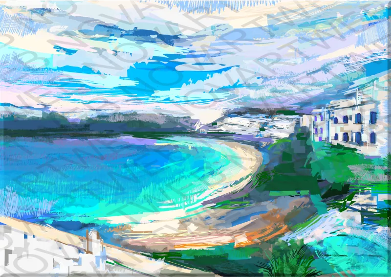 Peinture d'une plage paradisiaque d'Ibiza, avec des eaux cristallines, du sable blanc et une végétation méditerranéenne luxuriante. Les tons turquoise de la mer évoquent la fraîcheur et la tranquillité, invitant à rêver de vacances d'été. Espagne.