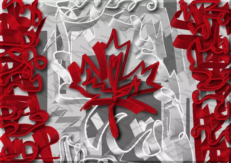 "IDENTITY" explores the three-dimensional with the colors of the Canadian flag, which speak through visual language, giving meaning to evolution. The composition, with its gray background, highlights the flag's distinctive identity, while the white and red tones convey its strongly rooted essence.