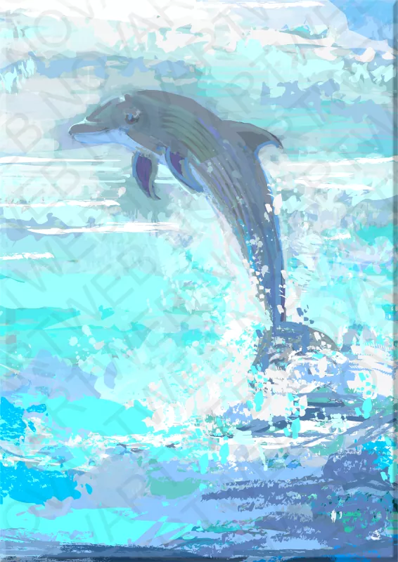 "VITAL IMPULSE" shows a white-beaked dolphin full of energy, leaping enthusiastically under the radiant sun. His leaps create splashes of water that reflect a lot of light, illuminating the environment.