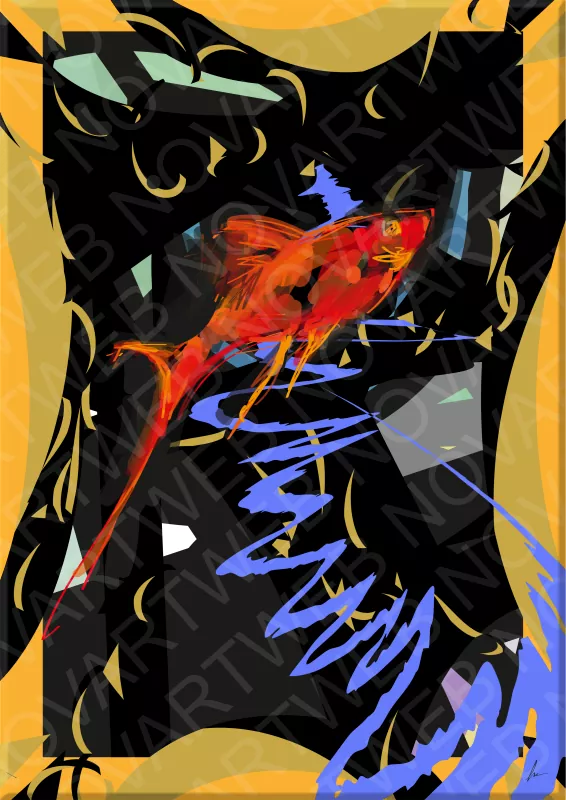 «INMERSIÓN DULCE» - nos une con la magia de los océanos y ríos, apreciando la elegancia de esta especie. El pez xipho, con su cola larga y sus vibrantes colores, simboliza la vitalidad de la vida en el agua dulce. La pintura nos transporta a un estado de agitación entre sus aguas y nos conecta con la maravilla de la naturaleza.