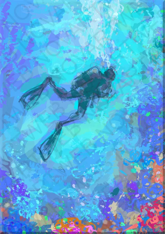 "INMERSIÓN" crea una experiencia única al sumergirse en un mundo desconocido, destacando la humildad ante la vastedad de la vida marina. Los colores llamativos y la intensidad emocional saturan la composición, despertando el misterio que rodea al buceo y los arrecifes de Australia.