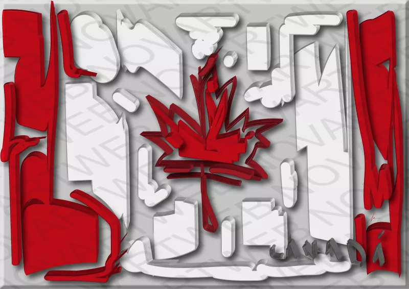 "INSPIRATION" is a minimalist and abstract reinterpretation of the Canadian flag. The work is composed of blocks of different shapes in white and red, creating volume and texture.