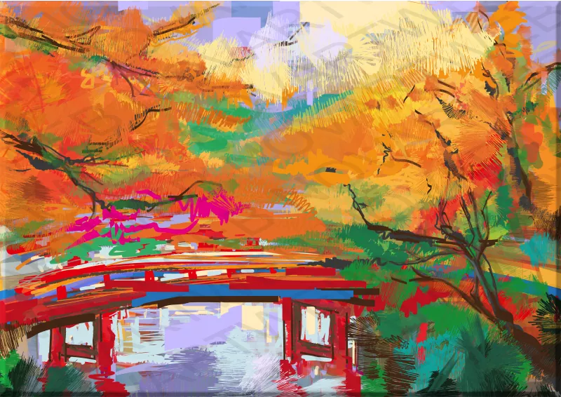 Maravilloso espectáculo de color en el otoño japonés. El puente se alza majestuoso sobre las aguas, creando una sensación de serenidad y contemplación en 'Japanese Autumn'.
