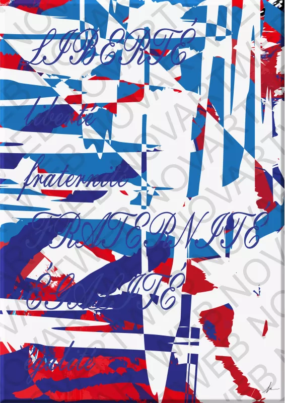 «LIBERTÉ, FRATERNITÉ, ÉGALITÉ» - Una obra abstracta que destaca las tres palabras más importantes de Francia en mayúsculas y minúsculas, utilizando letras caligráficas para añadir un toque de originalidad. Además, crea un interesante contraste entre las formas y colores de la bandera, lo que aporta dinamismo a la obra.
