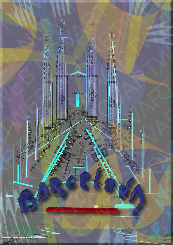 "LINES OF FAITH" symbolise la spiritualité du style architectural de Gaudí. Un arrière-plan abstrait projette une atmosphère minimaliste de la Sagrada Familia en Espagne, tandis que "Barcelona" sert d'entrée à cette basilique catholique. La composition inspire la dévotion par sa représentation sacrée.