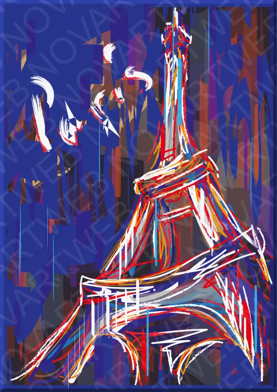 «LÍNEAS EN EL AIRE» - Esta obra abstracta es una oda a la Torre Eiffel, que es representada de una manera dinámica y emocionalmente cargada. En lugar de estar estática en la distancia, la icónica estructura de Francia es mostrada como si estuviera en constante movimiento. Las líneas se combinan en una danza de colores rojo, blanco y azul.