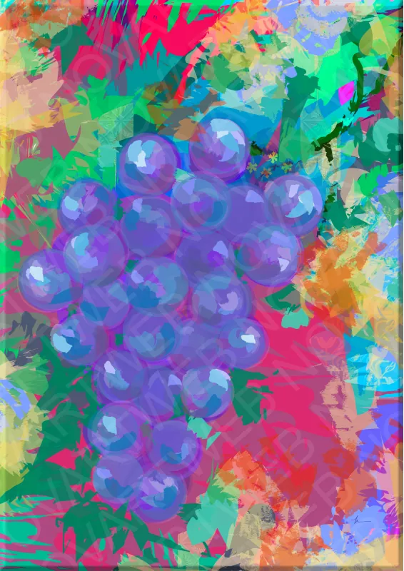 "LLENO DE VIDA" muestra un racimo de uvas violetas en el centro, destacando sobre un fondo lleno de colores que se mezclan sin orden específico. Tonos verdes, naranjas, azules y rojos forman una atmósfera activa, mientras que las uvas adquieren un aspecto detallado, rodeadas por un entorno lleno de energía y dinamismo.