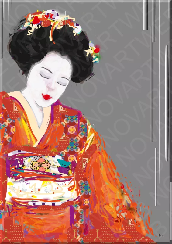 «MAIKO»: Esplendor de una aprendiz de geisha en Japón. La obra capta la belleza y gracia de la maiko, posando elegantemente con un kimono tradicional. La técnica digital utilizada crea un estilo distintivo, rindiendo homenaje a la belleza y misterio de las maiko.