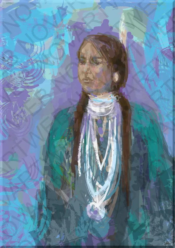 "MATRIARCA DE LAS TIERRAS SAGRADAS" représente le leadership féminin d'une femme indigène, dont les formes abstraites à l'arrière-plan évoquent un lien profond avec le cosmos. En tant que gardienne des traditions et de la communauté, elle se manifeste comme un symbole de sagesse.