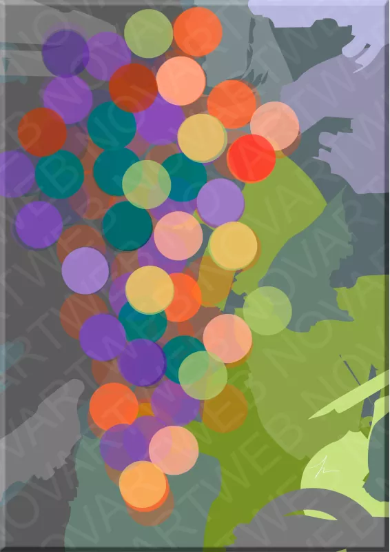 "METAMORFOSIS DEL FRUTO" simplifica el proceso vinícola mediante círculos translúcidos. Con una paleta de colores que refleja las etapas de maduración y fermentación, la obra minimalista ofrece una visión serena y sofisticada, perfecta para cualquier espacio decorativo.