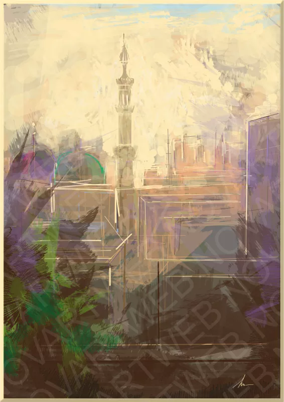 Imagen de la Mezquita de Al-Azhar en El Cairo, Egipto. Esta obra captura la esencia del lugar como un símbolo de conocimiento y centro de iluminación intelectual. La mezquita se destaca en el corazón de la ciudad, invitándonos a adentrarnos y experimentar su aura de paz.