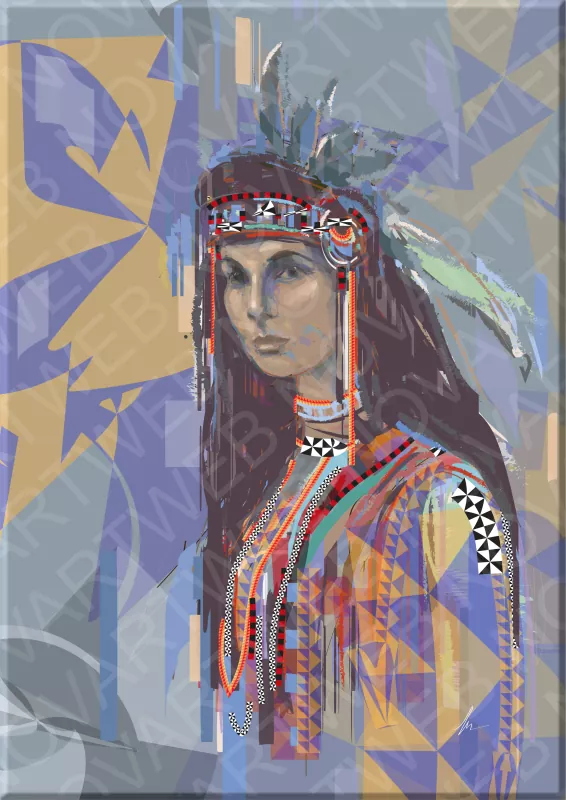 "PRESENT LOOK" portrays the torso and face of a young Canadian indigenous girl, with an abstract background that highlights her penetrating gaze directed towards the viewer. The young woman's expression awakens curiosity about a story yet to be discovered in her eyes.