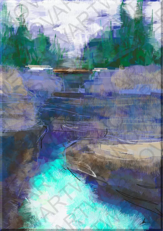 "MISTAYA CANYON" transports to the serene beauty of a river meandering between sheer walls. Energetic rapids defy the calm, weaving a diffuse image. With cool, deep tones, the painting captures the essence of Canada's wild, untouched wilderness.