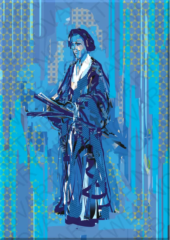 «MONTSUKI»: Representación de una prenda tradicional japonesa. La pintura muestra una gama de tonos azules que crean una transición cromática desde un azul profundo y saturado hasta un azul delicado y tenue, logrando un efecto de profundidad y una sensación de calma.