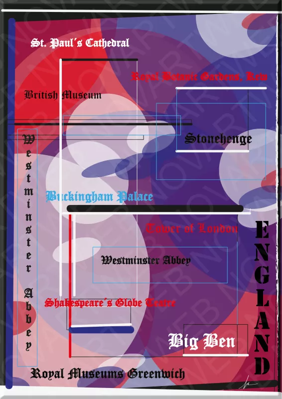 'MONUMENTS ENGLAND', un lienzo abstracto que rinde homenaje a la rica historia de Inglaterra. Los colores de la bandera del Reino Unido se entrelazan a lo largo de la obra, fusionando la paleta con la nostalgia de monumentos emblemáticos, desde Stonehenge hasta la Torre de Londres. En el lado derecho, la palabra 'England' se erige verticalmente, simbolizando la fuerza y la continuidad de esta tierra repleta de imponentes monumentos.