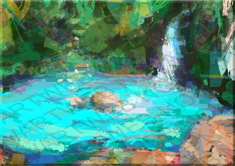 Peinture de l'impressionnante rivière Urederra en Navarre, dont l'eau froide et cristalline coule entre les rochers et les cascades. Végétation luxuriante et paysage d'isolement et de paix dans les montagnes d'Urbasa. Espagne.