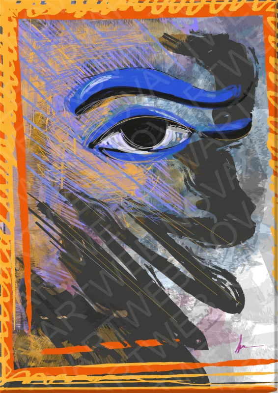 Obra titulada 'OJO DE TUT'. Es una representación abstracta del ojo de la máscara funeraria de Tutankamón. La abstracción del fondo crea una sensación de trascendencia espacial, destacando el ojo como el elemento central y resaltando su importancia simbólica.
