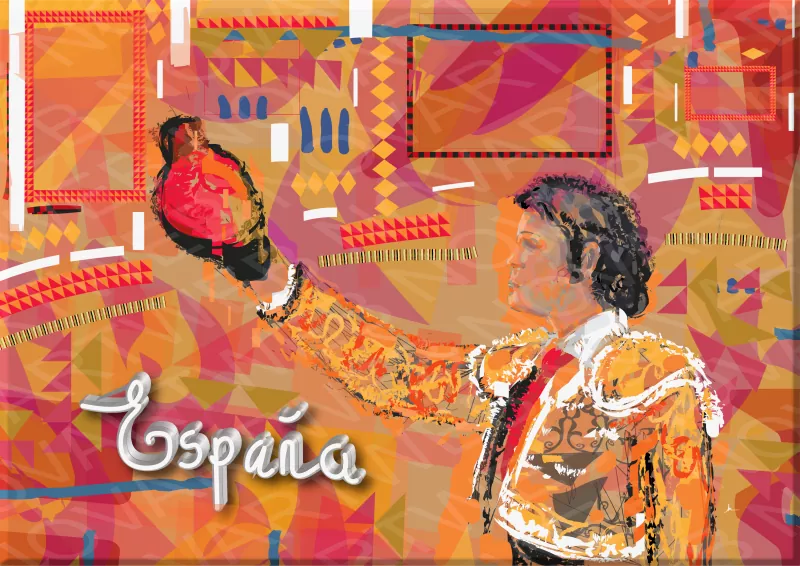 "OVACIÓN EN LA PLAZA" illustre le moment de triomphe d'un torero avec son chapeau de torero brandi, sa fière silhouette devant une tribune abstraite qui symbolise le rugissement de la foule. L'œuvre mêle réalisme figuratif et éléments abstraits, créant une tension visuelle qui capture l'essence de la tradition tauromachique en Espagne et transforme la scène en un puissant symbole graphique.