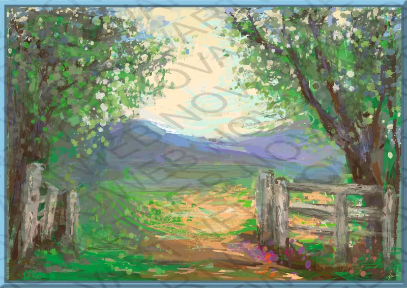 Pintura de un hermoso paisaje inglés. La luz del sol da vida a los colores, creando una sensación de profundidad en las montañas y detalles inspiradores que salpican el camino.