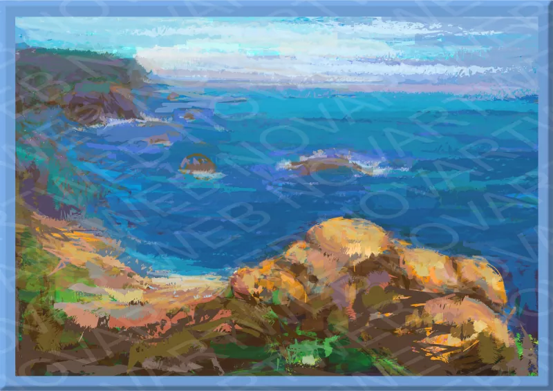 Obra de arte titulada 'PAISAJE INGLATERRA (3)', que muestra la costa del Mar del Norte con rocas escarpadas y vegetación en lugares inhóspitos, donde la vida florece a pesar del paso del tiempo.