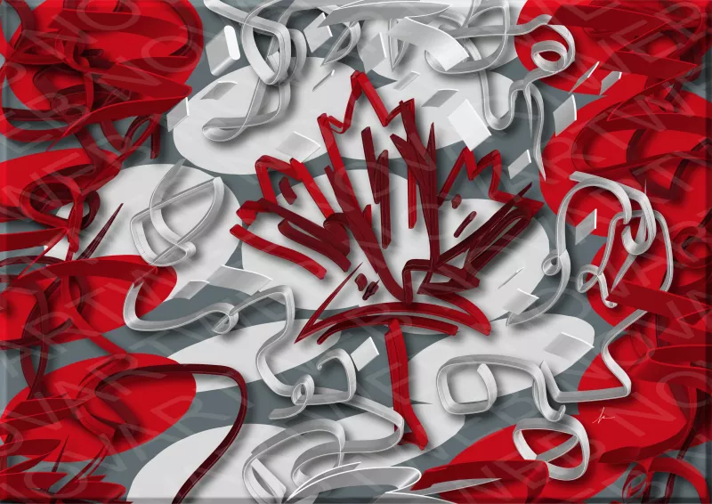 "PROMISE" offers a painterly reflection with abstract red and white roses on a dark background, suggesting the silent promise of a blossoming romance in the imagination. The explosion of passion represented by these colors idealizes the flag of Canada. In the center, the maple leaf symbolizes the country's natural beauty, adding a distinctive touch to the artwork.
