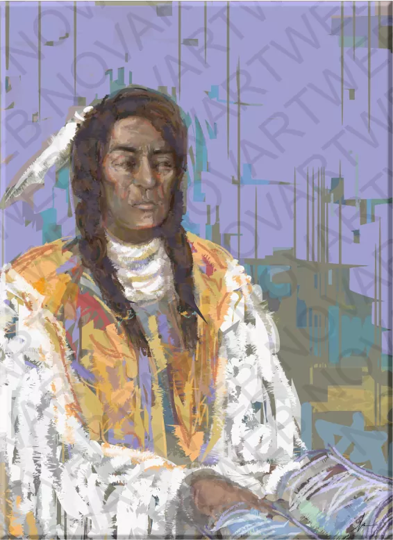 "BRIDGES OF WISDOM" reflects the importance of honoring and preserving the knowledge of Canada's indigenous cultures, as well as recognizing the essential relationship between humans and nature. The indigenous man, keeper of ancient traditions, holds a book that transcends printed words. That book is a portal to the wealth of stories passed down through the ages, an inexhaustible source of wisdom that unites past and present, bridging a bridge to the future.