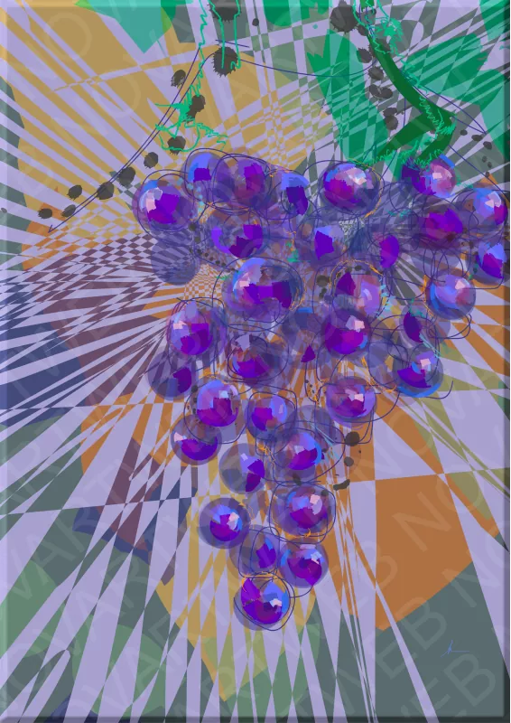 "RACIMO" presenta un racimo de uvas púrpuras con realismo detallado, contrastado por un fondo abstracto de formas geométricas en verdes, amarillos y marrones. La obra refleja la conexión entre naturaleza y creatividad.