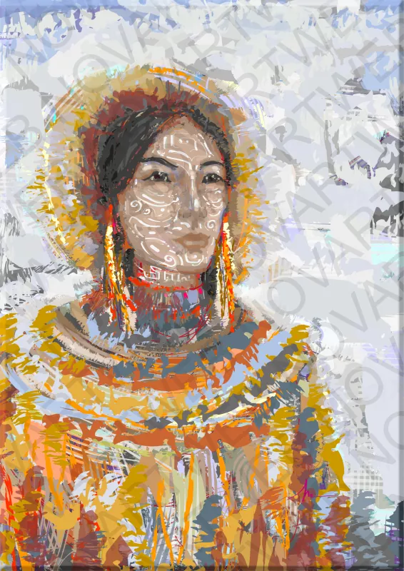 "FEATURES" portrays a Canadian woman with her face adorned with tribal patterns outlined in white lines, contrasting with the whiteness of the surrounding snow. Her gaze reflects the connection to the cold wind and the stories whispered by the spirits of the north, creating an atmosphere of deep connection to the land and its culture.