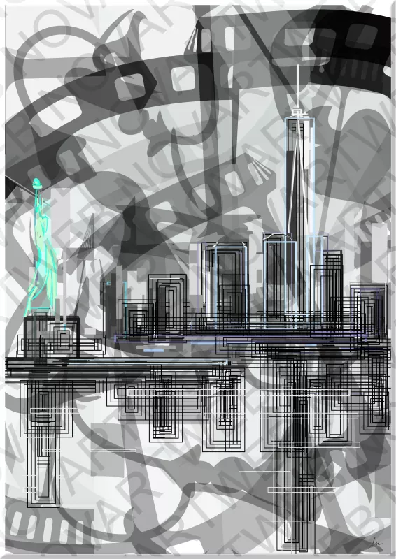 "CINEMATOGRAPHIC REFLECTIONS", utilise des couches transparentes pour évoquer une projection cinématographique sur fond iconique de New York et de la Statue de la Liberté, symboles emblématiques des États-Unis. La palette est définie par des nuances de transparence grise, mettant en valeur la Statue de la Liberté dans des tons turquoise. Cette composition capture non seulement l'essence cinématographique et la richesse culturelle de New York, mais rappelle également notre capacité à imaginer et à créer.
