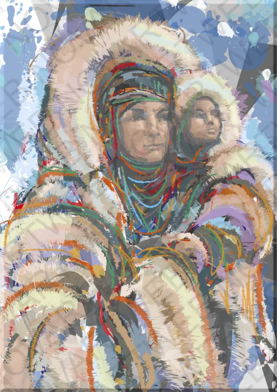 "REFUGE" captures the maternal protection of a mother towards her daughter, revealing an unbreakable love that forges a unique complicity. The shapes and colors of the work generate an atmosphere reminiscent of the icy environment of Canada.