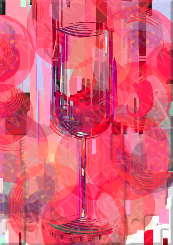 "ROSADO" es una efusión abstracta de tonos rosados y rojos, donde la silueta etérea de una copa de vino emerge del lienzo. Capas translúcidas, formas circulares y patrones florales sugieren una atmósfera festiva.